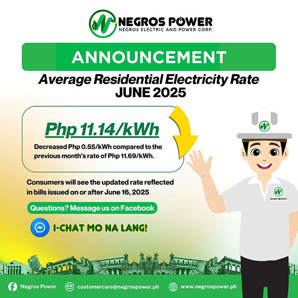 Electricity Rates Down: Negros Power Cuts 55 Centavos Per kWh This June