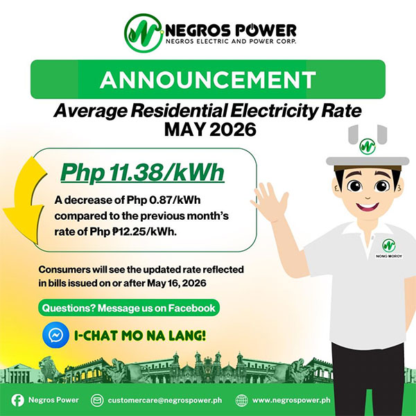 Negros Power Announces Lower Electricity Rates For May 2026