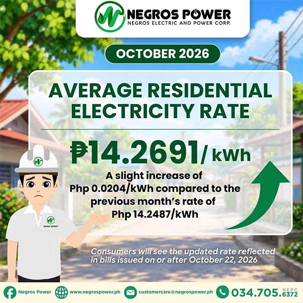 Negros Power October Electricity Rate Rises By Just ₱0.02 Per kWh